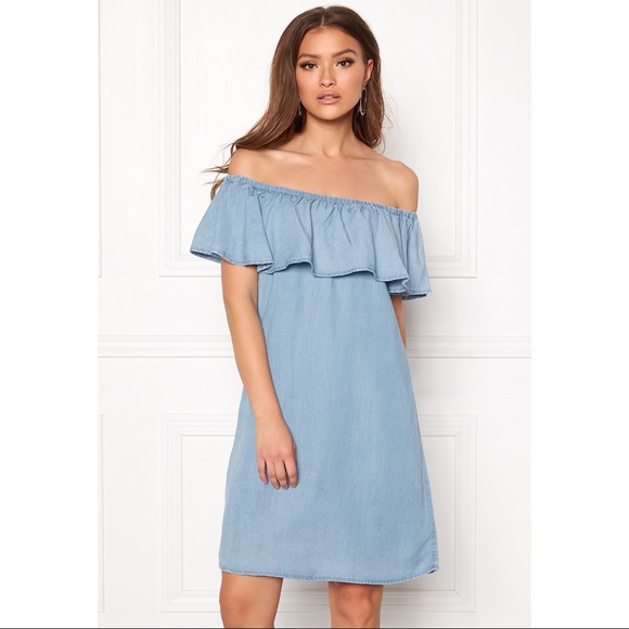 Dresses & Skirts - Off shoulder light blue denim dress with ruffle